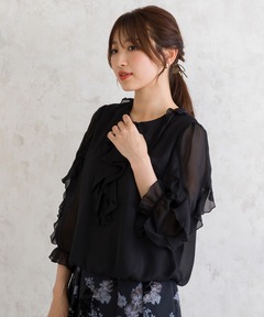 VIVIANO★ヴィヴィアーノ★ラッフルスリーブTシャツ★ブラウス★黒 VIVIANO/ヴィヴィアーノ】ラッフルスリーブTシャツ（Tシャツ