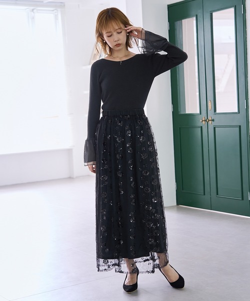 ROPE' PICNIC（ロペピクニック）の「袖ラメシアー＆袖チュールプルオーバー（ニット/セーター・レディース・オフホワイト/ブラック系その他/ブラック/ライトグレー・38）」の5枚目の写真