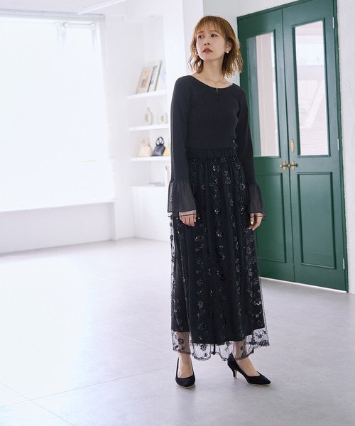 ROPE' PICNIC（ロペピクニック）の「袖ラメシアー＆袖チュールプルオーバー（ニット/セーター・レディース・オフホワイト/ブラック系その他/ブラック/ライトグレー・38）」の7枚目の写真