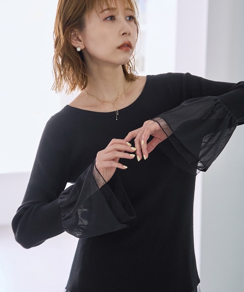 ROPE' PICNIC（ロペピクニック）の「袖ラメシアー＆袖チュールプルオーバー（ニット/セーター・レディース・オフホワイト/ブラック系その他/ブラック/ライトグレー・38）」の9枚目の写真