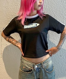 【STAYGOLD】袖ライン ロゴプリント チビTee / ショート丈 Tシャツ ちびTシャツ / レディース