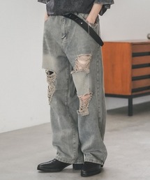 クラッシュダメージビンテージウォッシュワイドデニムパンツ