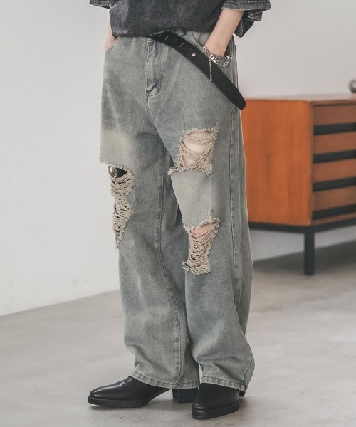 Shoowtime（ショウタイム）の「クラッシュダメージビンテージウォッシュワイドデニムパンツ（デニムパンツ・メンズ・ブラック系/ブルー系・MEDIUM/LARGE/X-LARGE）」の2枚目の写真