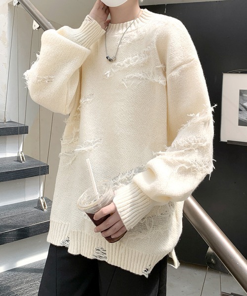 FVLMEN(フルメン)の「【FVLMEN】fringe damage knit pullover/フリンジ ダメージ ニット プルオーバー(ニット/セーター・メンズ・ブラック/オフホワイト/グレー・MEDIUM/LARGE/X-LARGE)」の8枚目の写真