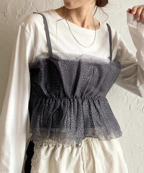 She's Closet（シーズクローゼット）の「パール付き/ラメチュールニットビスチェキャミソール（チューブトップ・レディース・ブラック/グレー×ホワイト/グレー/ブラック×ホワイト・FREE）」の3枚目の写真