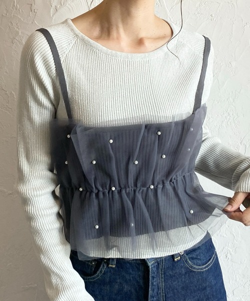 She's Closet（シーズクローゼット）の「パール付き/ラメチュールニットビスチェキャミソール（チューブトップ・レディース・ブラック/グレー×ホワイト/グレー/ブラック×ホワイト・FREE）」の4枚目の写真