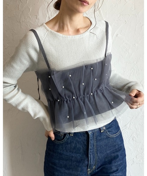 TulleドッキングKnitビスチェキャミ セール】パール付き/ラメチュールニットビスチェキャミソール