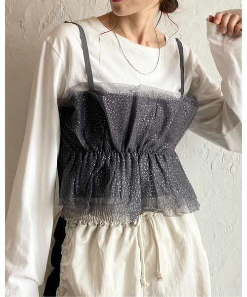 She's Closet（シーズクローゼット）の「パール付き/ラメチュールニットビスチェキャミソール（チューブトップ・レディース・ブラック/グレー×ホワイト/グレー/ブラック×ホワイト・FREE）」の20枚目の写真