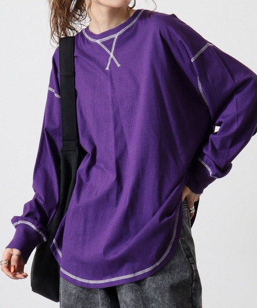 FUNALIVE(ファンアライブ)の「Cotton color stitching crew neck long sleeve T-shirt / 配色ステッチオーバーTシャツ unisex(Tシャツ/カットソー・メンズ・ブラック/オフホワイト/杢グレー/ダークグリーン/パープル/チャコール・M/L/XL)」の6枚目の写真