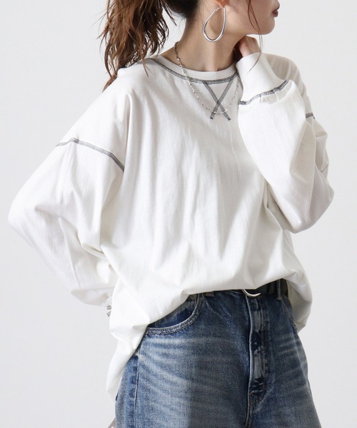 FUNALIVE(ファンアライブ)の「Cotton color stitching crew neck long sleeve T-shirt / 配色ステッチオーバーTシャツ unisex(Tシャツ/カットソー・メンズ・ブラック/オフホワイト/杢グレー/ダークグリーン/パープル/チャコール・M/L/XL)」の2枚目の写真