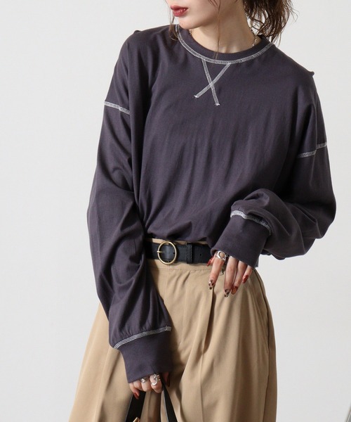 FUNALIVE(ファンアライブ)の「Cotton color stitching crew neck long sleeve T-shirt / 配色ステッチオーバーTシャツ unisex(Tシャツ/カットソー・メンズ・ブラック/オフホワイト/杢グレー/ダークグリーン/パープル/チャコール・M/L/XL)」の1枚目の写真