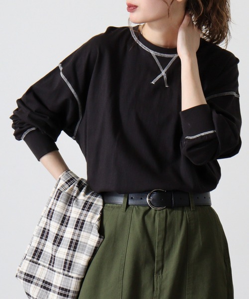 FUNALIVE(ファンアライブ)の「Cotton color stitching crew neck long sleeve T-shirt / 配色ステッチオーバーTシャツ unisex(Tシャツ/カットソー・メンズ・ブラック/オフホワイト/杢グレー/ダークグリーン/パープル/チャコール・M/L/XL)」の3枚目の写真