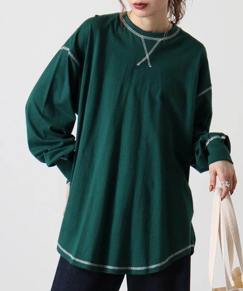 FUNALIVE(ファンアライブ)の「Cotton color stitching crew neck long sleeve T-shirt / 配色ステッチオーバーTシャツ unisex(Tシャツ/カットソー・メンズ・ブラック/オフホワイト/杢グレー/ダークグリーン/パープル/チャコール・M/L/XL)」の5枚目の写真