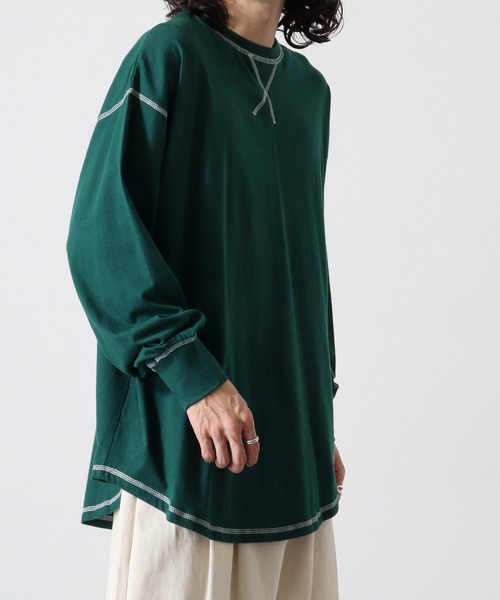 FUNALIVE(ファンアライブ)の「Cotton color stitching crew neck long sleeve T-shirt / 配色ステッチオーバーTシャツ unisex(Tシャツ/カットソー・メンズ・ブラック/オフホワイト/杢グレー/ダークグリーン/パープル/チャコール・M/L/XL)」の14枚目の写真