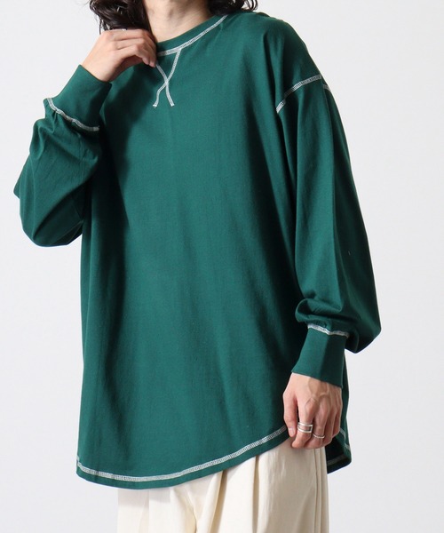 FUNALIVE(ファンアライブ)の「Cotton color stitching crew neck long sleeve T-shirt / 配色ステッチオーバーTシャツ unisex(Tシャツ/カットソー・メンズ・ブラック/オフホワイト/杢グレー/ダークグリーン/パープル/チャコール・M/L/XL)」の12枚目の写真