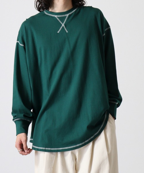 FUNALIVE(ファンアライブ)の「Cotton color stitching crew neck long sleeve T-shirt / 配色ステッチオーバーTシャツ unisex(Tシャツ/カットソー・メンズ・ブラック/オフホワイト/杢グレー/ダークグリーン/パープル/チャコール・M/L/XL)」の13枚目の写真