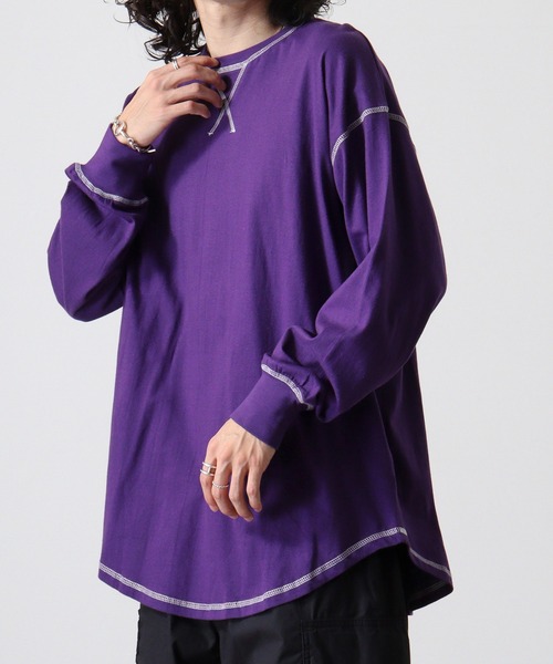 FUNALIVE(ファンアライブ)の「Cotton color stitching crew neck long sleeve T-shirt / 配色ステッチオーバーTシャツ unisex(Tシャツ/カットソー・メンズ・ブラック/オフホワイト/杢グレー/ダークグリーン/パープル/チャコール・M/L/XL)」の19枚目の写真