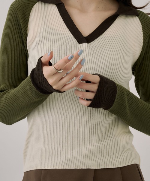 UNITED TOKYO（ユナイテッドトウキョウ）の「キュプラコットンニットポロ｜ウォッシャブル/春服（ニット/セーター・レディース・グリーン/ネイビー・FREE）」の11枚目の写真