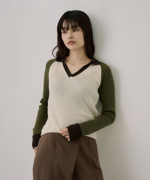 UNITED TOKYO（ユナイテッドトウキョウ）の「キュプラコットンニットポロ｜ウォッシャブル/春服（ニット/セーター・レディース・グリーン/ネイビー・FREE）」の4枚目の写真