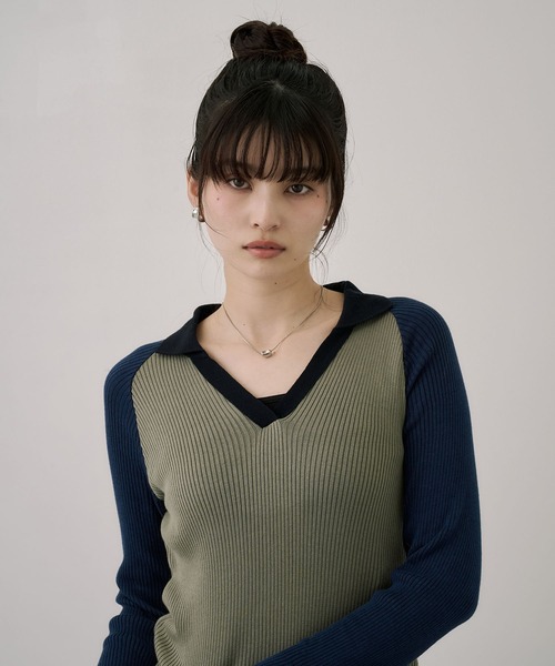 UNITED TOKYO（ユナイテッドトウキョウ）の「キュプラコットンニットポロ｜ウォッシャブル/春服（ニット/セーター・レディース・グリーン/ネイビー・FREE）」の20枚目の写真