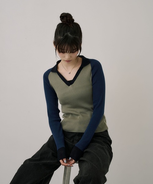 UNITED TOKYO（ユナイテッドトウキョウ）の「キュプラコットンニットポロ｜ウォッシャブル/春服（ニット/セーター・レディース・グリーン/ネイビー・FREE）」の15枚目の写真