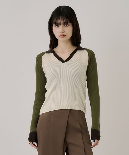 UNITED TOKYO（ユナイテッドトウキョウ）の「キュプラコットンニットポロ｜ウォッシャブル/春服（ニット/セーター・レディース・グリーン/ネイビー・FREE）」の6枚目の写真