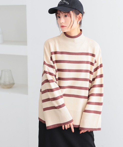 n'OrLABEL(ノアールレーベル)の「ハイネックワイドスリーブボーダーニット(ニット/セーター・レディース・ネイビー/ベージュ/オレンジ・FREE)」の2枚目の写真