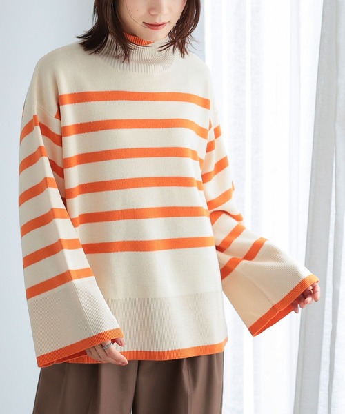 n'OrLABEL(ノアールレーベル)の「ハイネックワイドスリーブボーダーニット(ニット/セーター・レディース・ネイビー/ベージュ/オレンジ・FREE)」の3枚目の写真