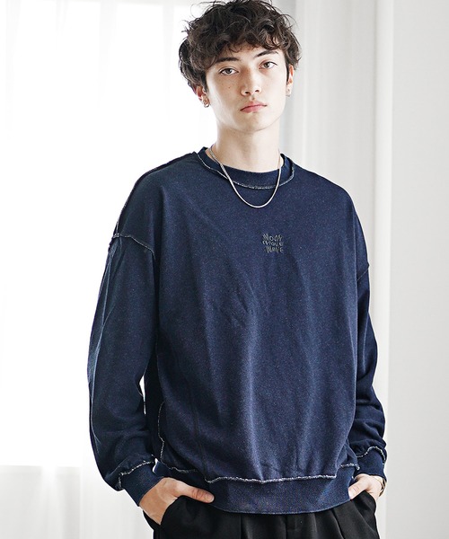 MinoriTY(マイノリティ)の「【MinoriTY select】裏毛インディゴ染めアウトステッチ刺繍トレーナー(スウェット・メンズ・インディゴブルー/ブラック・L/M)」の2枚目の写真