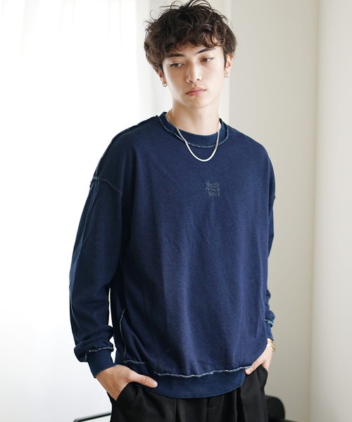 MinoriTY(マイノリティ)の「【MinoriTY select】裏毛インディゴ染めアウトステッチ刺繍トレーナー(スウェット・メンズ・インディゴブルー/ブラック・L/M)」の3枚目の写真