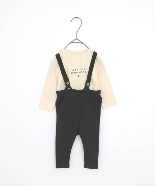 p.premier(ピードットプルミエ)の「ベビーサスペンダーパンツ&シンプルロゴロンパスセット(ロンパース・キッズ・ブラック/アイボリー/ピンク・70/80)」の1枚目の写真