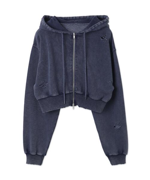 WEGO（ウィゴー）の「WEGO/ダメージショートジップパーカー（パーカー・レディース・ブルー/ブラック/杢グレー・FREE）」の4枚目の写真