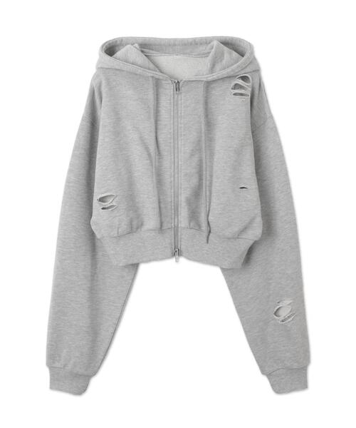 WEGO（ウィゴー）の「WEGO/ダメージショートジップパーカー（パーカー・レディース・ブルー/ブラック/杢グレー・FREE）」の5枚目の写真