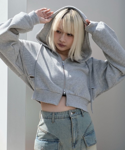 WEGO（ウィゴー）の「WEGO/ダメージショートジップパーカー（パーカー・レディース・ブルー/ブラック/杢グレー・FREE）」の3枚目の写真