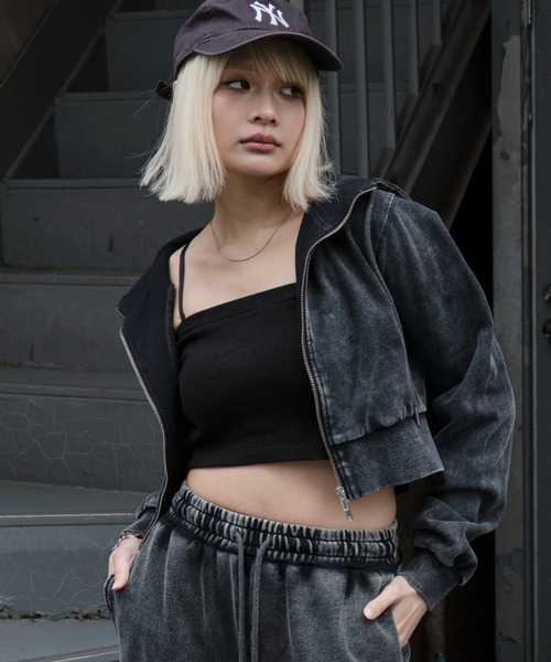 WEGO（ウィゴー）の「WEGO/ダメージショートジップパーカー（パーカー・レディース・ブルー/ブラック/杢グレー・FREE）」の2枚目の写真