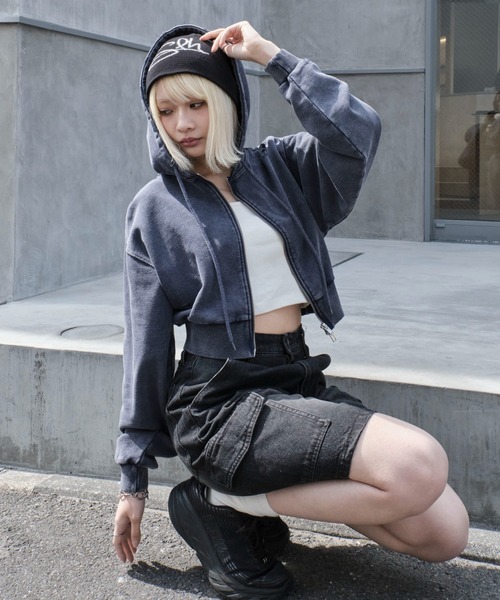 WEGO（ウィゴー）の「WEGO/ダメージショートジップパーカー（パーカー・レディース・ブルー/ブラック/杢グレー・FREE）」の12枚目の写真