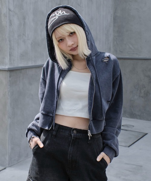 WEGO（ウィゴー）の「WEGO/ダメージショートジップパーカー（パーカー・レディース・ブルー/ブラック/杢グレー・FREE）」の13枚目の写真