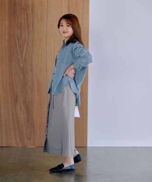 フロントボタンウエストデザインIラインスカート 【低身長・小柄