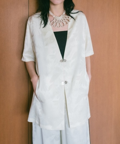 サテンジャガードカラーレスジャケット セール】Satin Jacquard Collarless Jacket/サテンジャガード