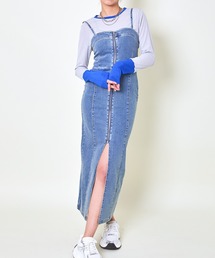 《スリット×タイトライン》レディース デニムロングワンピース ジップデザイン 春夏秋