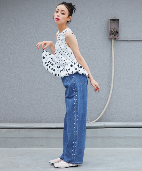 Narcissus（ナルシス）の「ドットバルーントップス/サテンノースリーブ《動画あり》（タンクトップ・レディース・ホワイト/ブラック・FREE）」の4枚目の写真