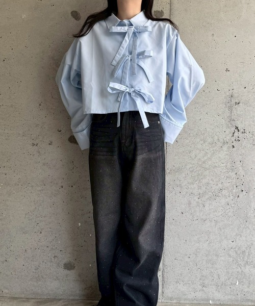 merrylatte(メリーラテ)の「リボンショート丈シャツ(シャツ/ブラウス・レディース・ブルー/ホワイト・FREE)」の15枚目の写真