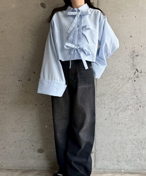merrylatte(メリーラテ)の「リボンショート丈シャツ(シャツ/ブラウス・レディース・ブルー/ホワイト・FREE)」の16枚目の写真