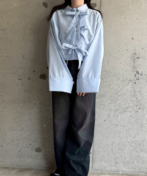 merrylatte(メリーラテ)の「リボンショート丈シャツ(シャツ/ブラウス・レディース・ブルー/ホワイト・FREE)」の17枚目の写真