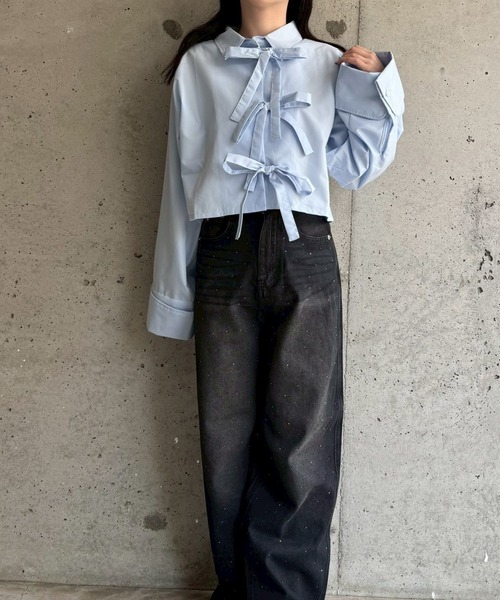 merrylatte(メリーラテ)の「リボンショート丈シャツ(シャツ/ブラウス・レディース・ブルー/ホワイト・FREE)」の18枚目の写真