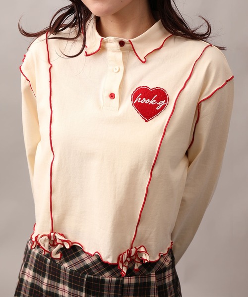 【HOOK】for girls 　配色巻きロックフリルポロシャツ セール】【HOOK】for girls 配色巻きロックフリルポロシャツ
