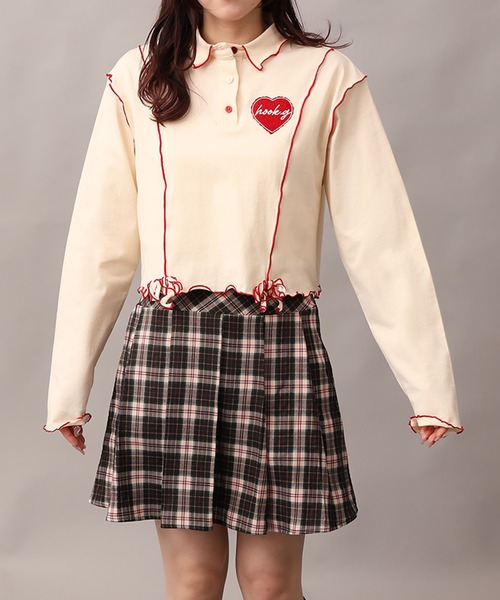【HOOK】for girls 　配色巻きロックフリルポロシャツ セール】【HOOK】for girls 配色巻きロックフリルポロシャツ