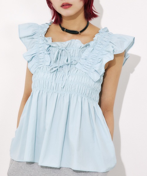 セール】RIBBON ARM FRILL TOPS リボン アーム フリル トップス