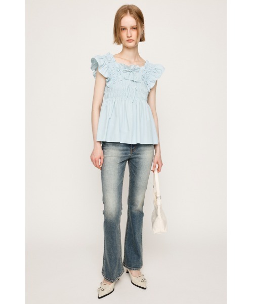 SLY（スライ）の「RIBBON ARM FRILL TOPS リボン アーム フリル トップス 夏服（シャツ/ブラウス・レディース・オフホワイト/ブラック/ライトブルー・FREE）」の10枚目の写真