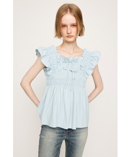SLY（スライ）の「RIBBON ARM FRILL TOPS リボン アーム フリル トップス 夏服（シャツ/ブラウス・レディース・オフホワイト/ブラック/ライトブルー・FREE）」の9枚目の写真